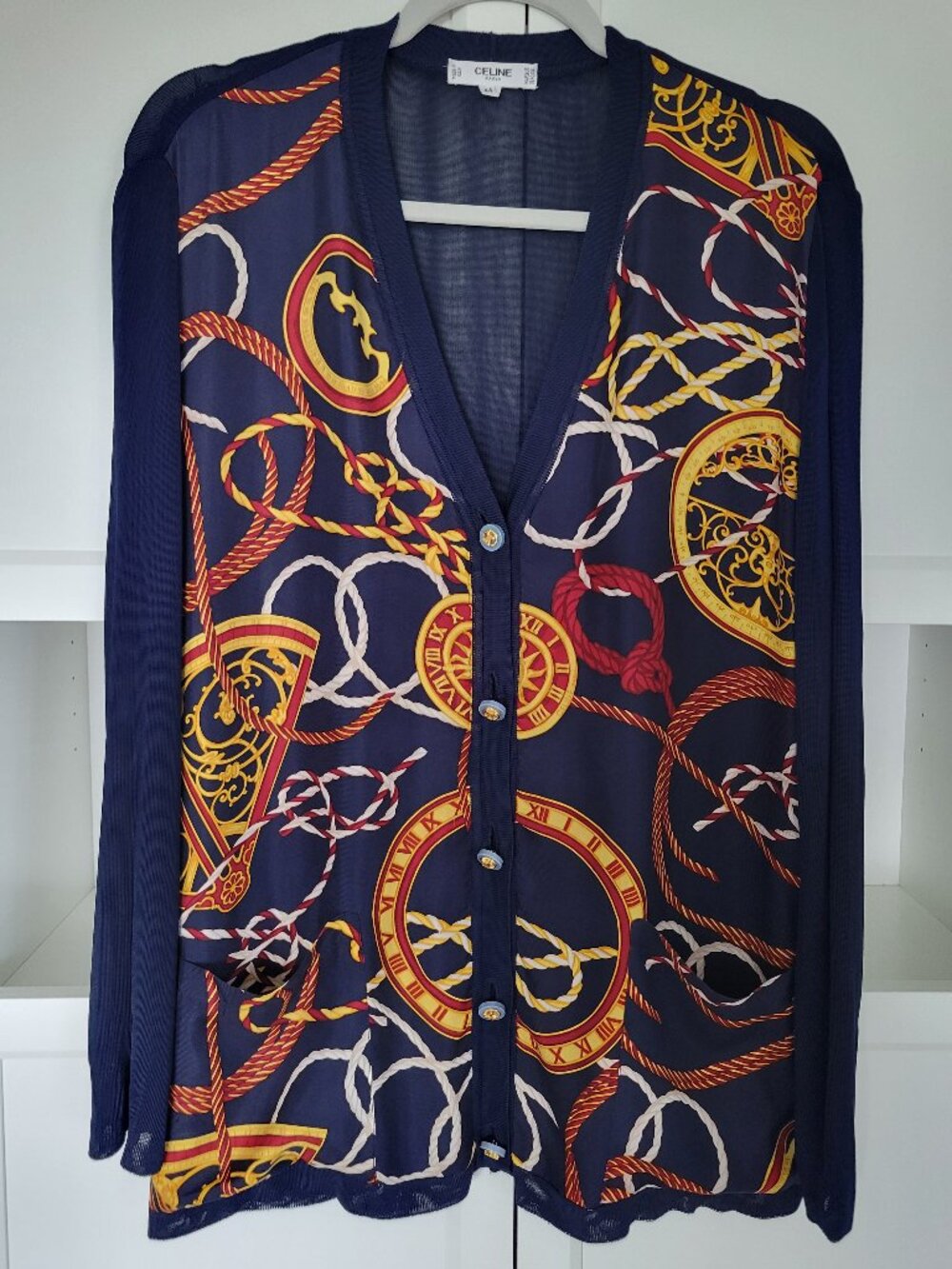 CELINE Vintage Navy  Print Viscose Silk V-Neck Button Up Cardigan size 44 (m/l)